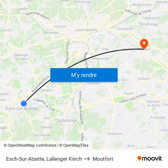 Esch-Sur-Alzette, Lallenger Kiirch to Moutfort map