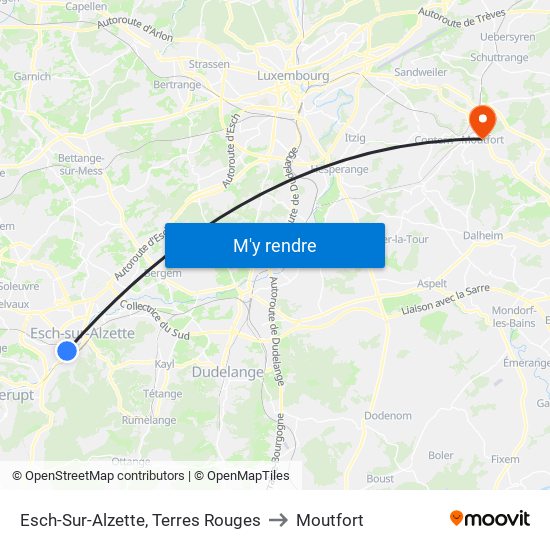 Esch-Sur-Alzette, Terres Rouges to Moutfort map