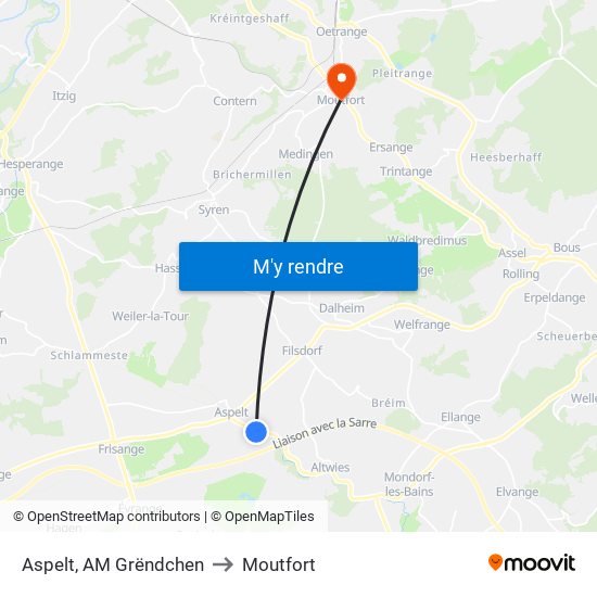 Aspelt, AM Grëndchen to Moutfort map