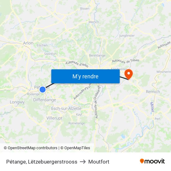 Pétange, Lëtzebuergerstrooss to Moutfort map