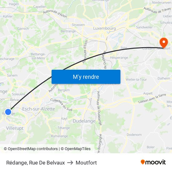 Rédange, Rue De Belvaux to Moutfort map