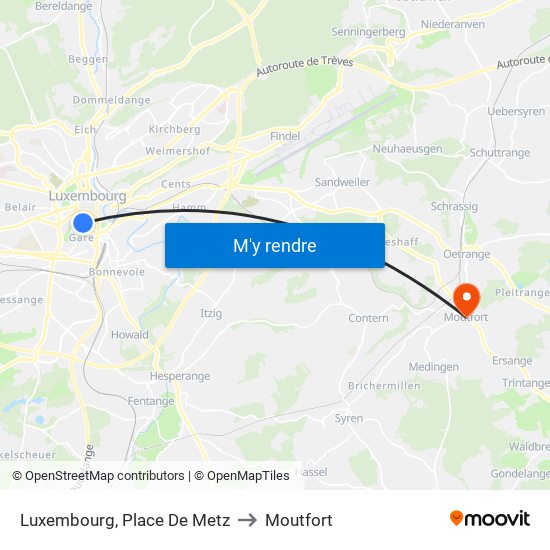 Luxembourg, Place De Metz to Moutfort map