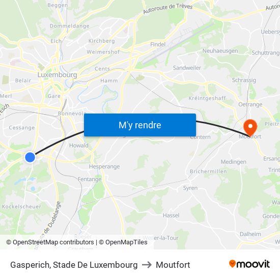 Gasperich, Stade De Luxembourg to Moutfort map