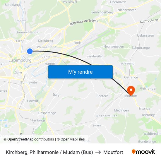 Kirchberg, Philharmonie / Mudam (Bus) to Moutfort map