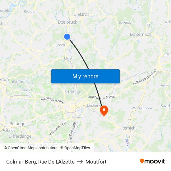 Colmar-Berg, Rue De L'Alzette to Moutfort map