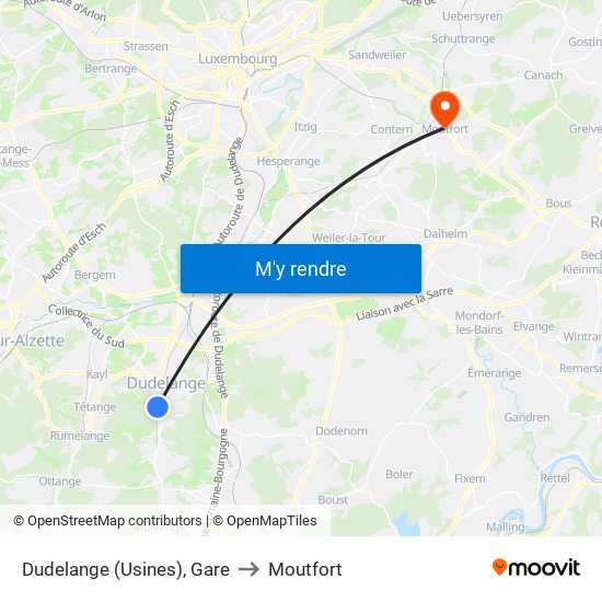 Dudelange (Usines), Gare to Moutfort map