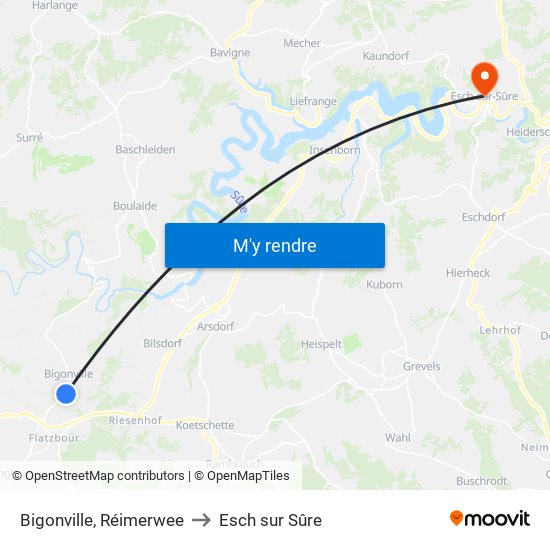 Bigonville, Réimerwee to Esch sur Sûre map