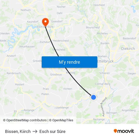 Bissen, Kiirch to Esch sur Sûre map