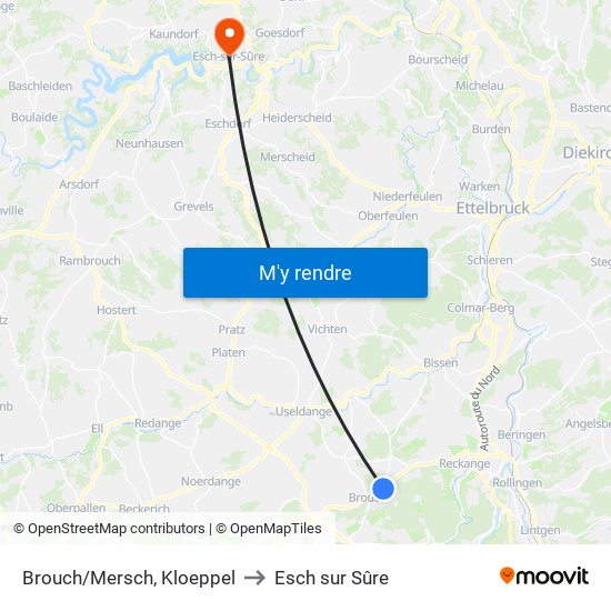 Brouch/Mersch, Kloeppel to Esch sur Sûre map