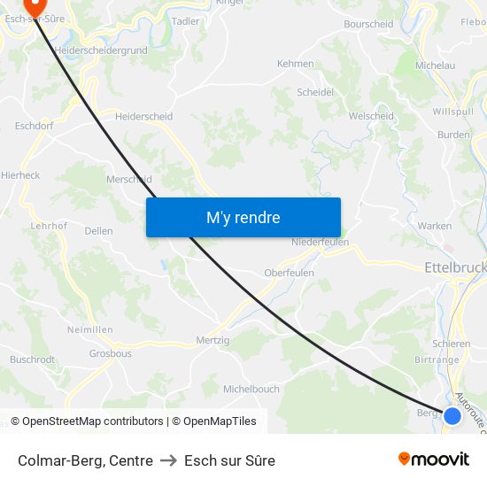 Colmar-Berg, Centre to Esch sur Sûre map