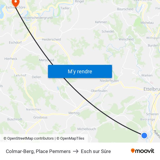 Colmar-Berg, Place Pemmers to Esch sur Sûre map