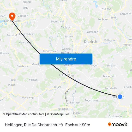 Heffingen, Rue De Christnach to Esch sur Sûre map