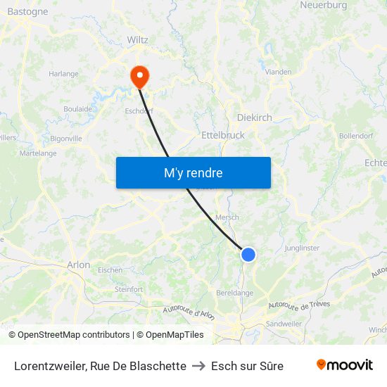 Lorentzweiler, Rue De Blaschette to Esch sur Sûre map