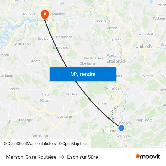 Mersch, Gare Routière to Esch sur Sûre map