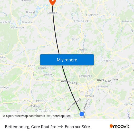 Bettembourg, Gare Routière to Esch sur Sûre map