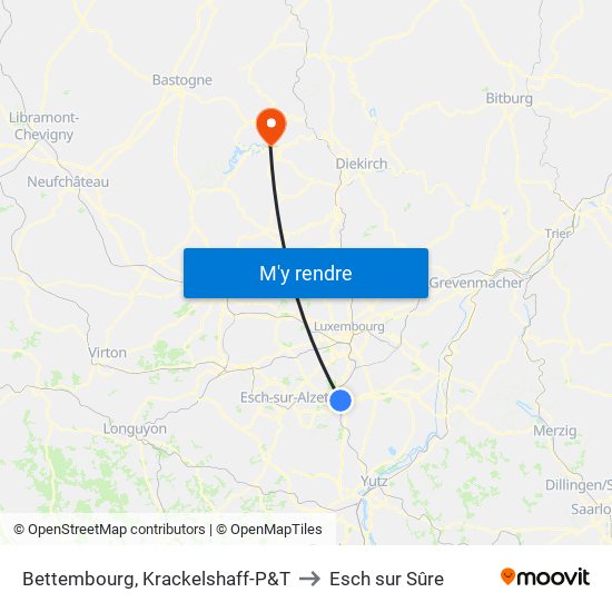 Bettembourg, Krackelshaff-P&T to Esch sur Sûre map