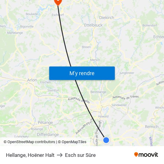 Hellange, Hoëner Halt to Esch sur Sûre map