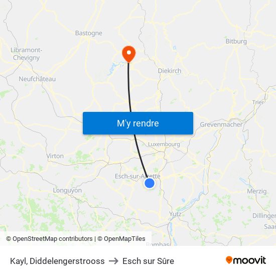 Kayl, Diddelengerstrooss to Esch sur Sûre map