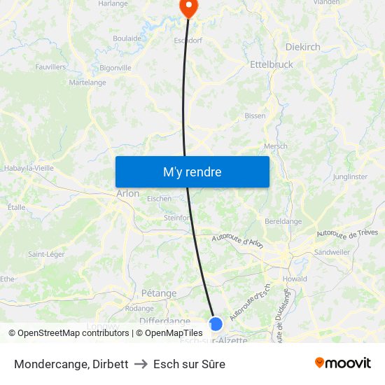 Mondercange, Dirbett to Esch sur Sûre map