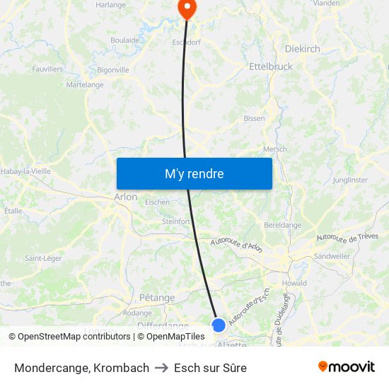 Mondercange, Krombach to Esch sur Sûre map