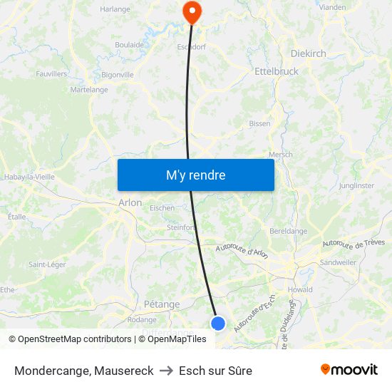 Mondercange, Mausereck to Esch sur Sûre map