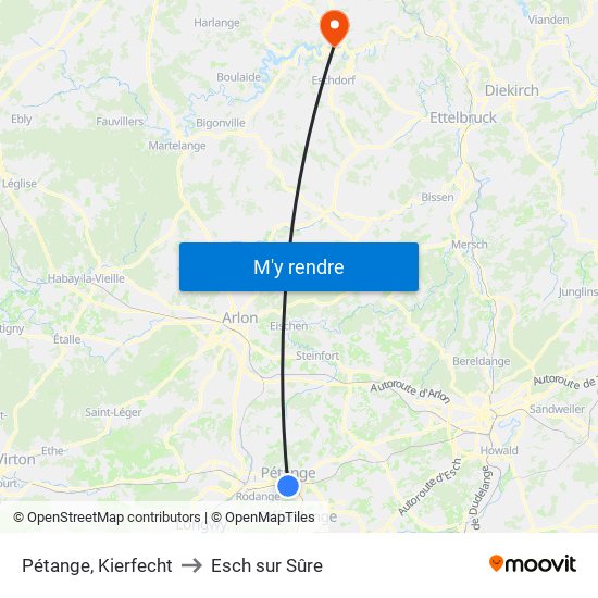 Pétange, Kierfecht to Esch sur Sûre map