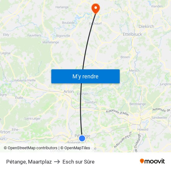 Pétange, Maartplaz to Esch sur Sûre map