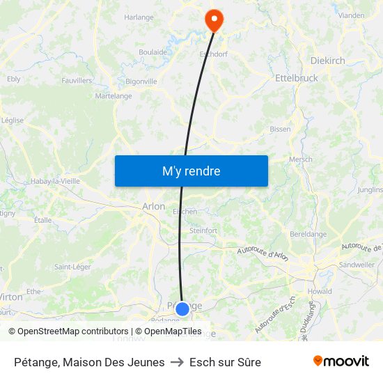 Pétange, Maison Des Jeunes to Esch sur Sûre map
