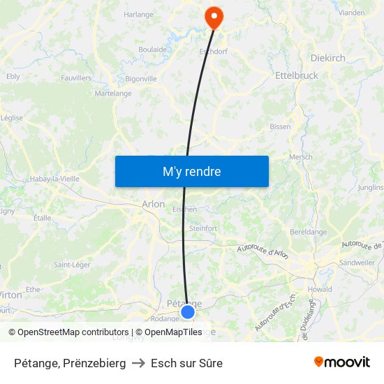 Pétange, Prënzebierg to Esch sur Sûre map