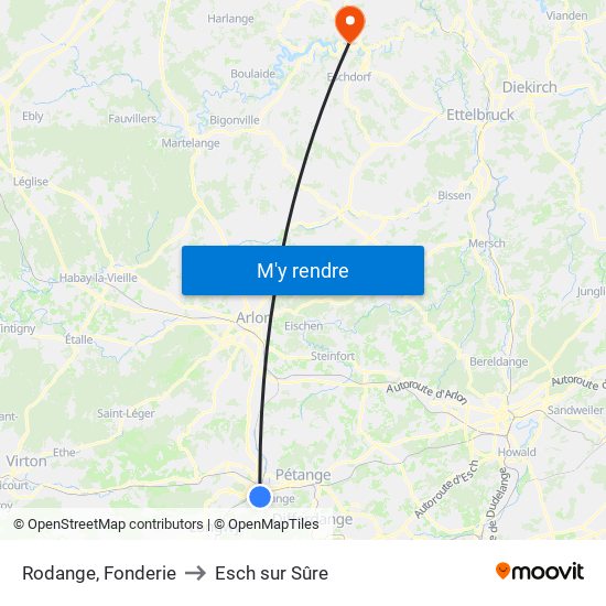 Rodange, Fonderie to Esch sur Sûre map