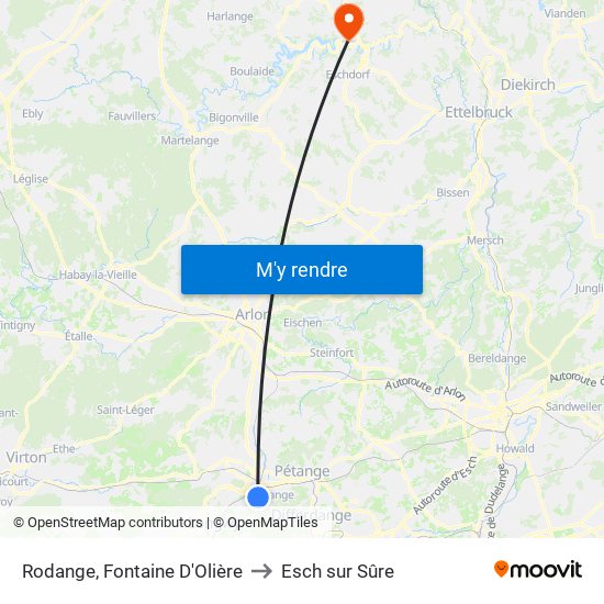 Rodange, Fontaine D'Olière to Esch sur Sûre map