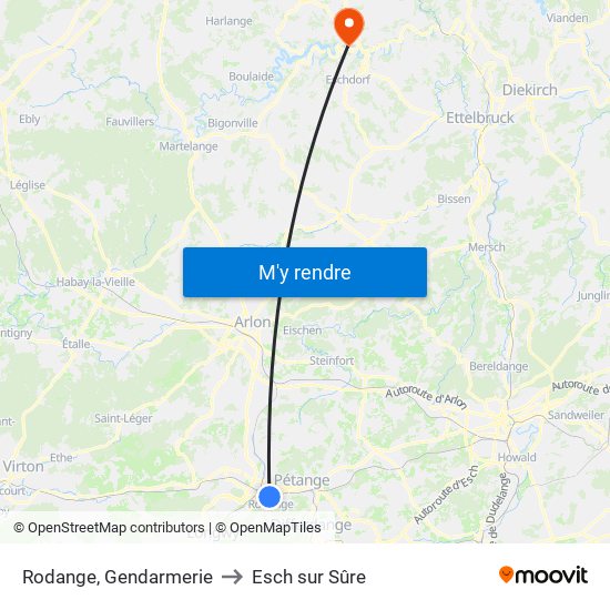 Rodange, Gendarmerie to Esch sur Sûre map