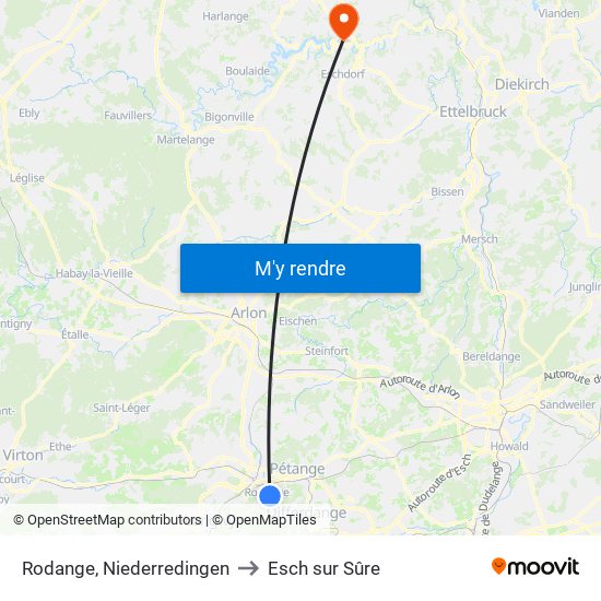 Rodange, Niederredingen to Esch sur Sûre map