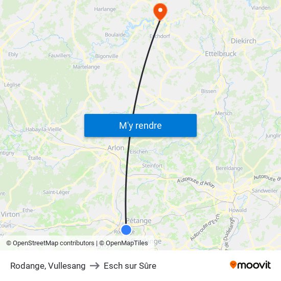Rodange, Vullesang to Esch sur Sûre map