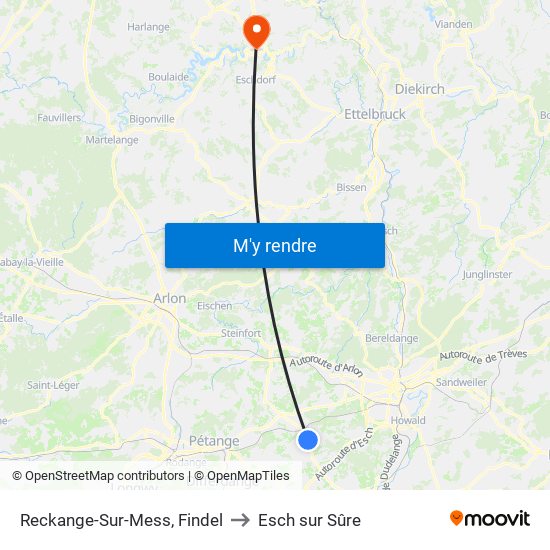 Reckange-Sur-Mess, Findel to Esch sur Sûre map