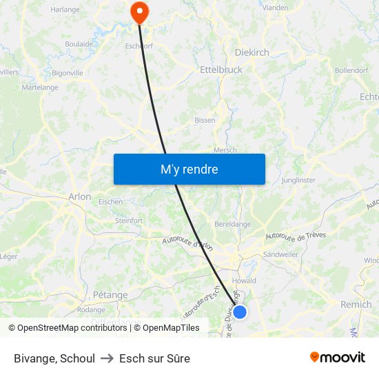 Bivange, Schoul to Esch sur Sûre map