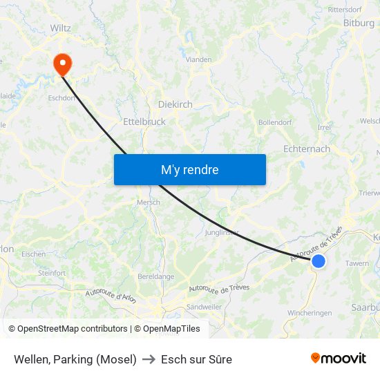 Wellen, Parking (Mosel) to Esch sur Sûre map