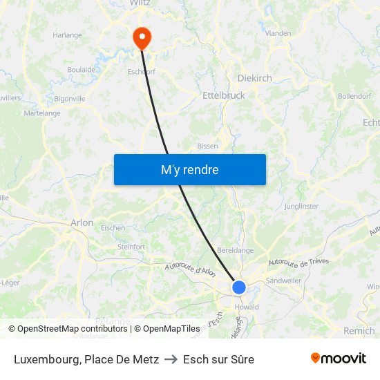 Luxembourg, Place De Metz to Esch sur Sûre map