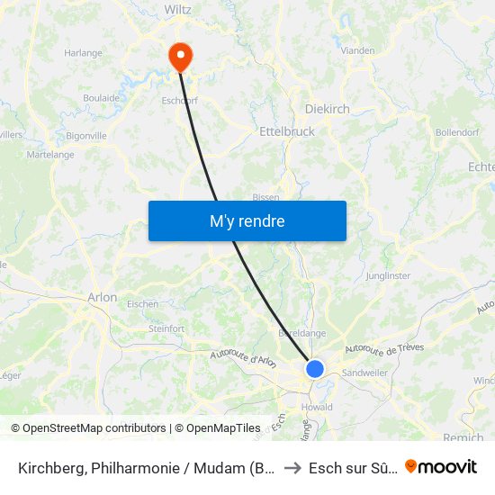Kirchberg, Philharmonie / Mudam (Bus) to Esch sur Sûre map