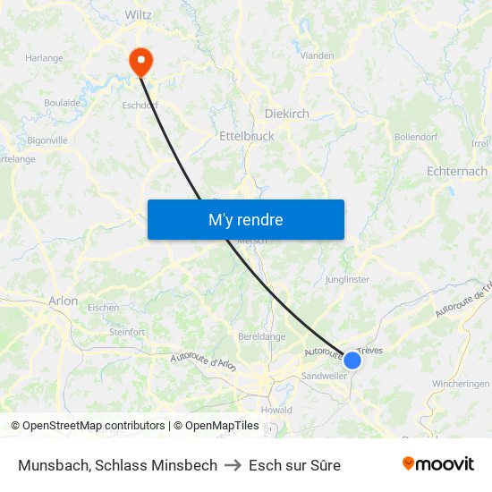 Munsbach, Schlass Minsbech to Esch sur Sûre map