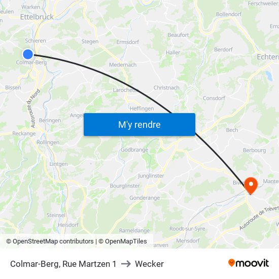 Colmar-Berg, Rue Martzen 1 to Wecker map