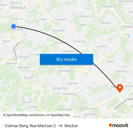 Colmar-Berg, Rue Martzen 2 to Wecker map