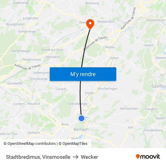 Stadtbredimus, Vinsmoselle to Wecker map