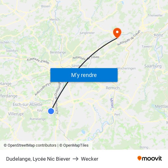 Dudelange, Lycée Nic Biever to Wecker map