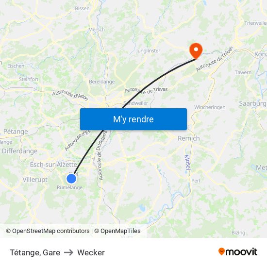 Tétange, Gare to Wecker map