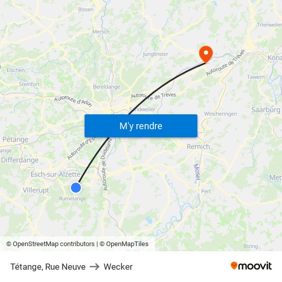 Tétange, Rue Neuve to Wecker map