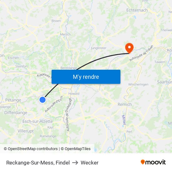 Reckange-Sur-Mess, Findel to Wecker map