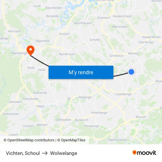Vichten, Schoul to Wolwelange map