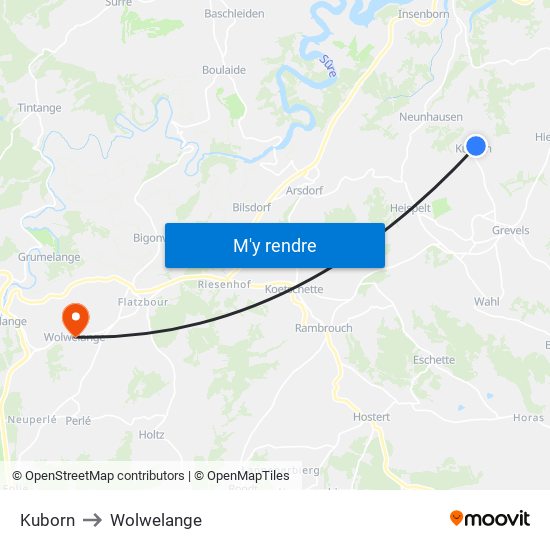 Kuborn to Wolwelange map