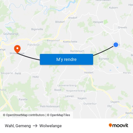 Wahl, Gemeng to Wolwelange map